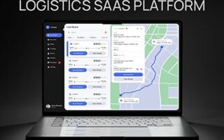 Ein geöffneter Laptop zeigt das Dashboard einer Logistik-SaaS-Plattform für Versand und Routen.