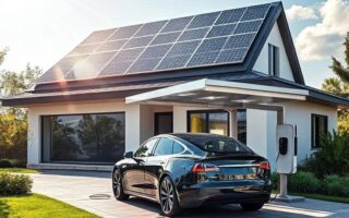 Elektroauto lädt an einer Wallbox vor einem Haus mit Solaranlage