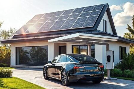 Elektroauto lädt an einer Wallbox vor einem Haus mit Solaranlage