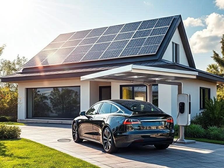 Elektroauto lädt an einer Wallbox vor einem Haus mit Solaranlage