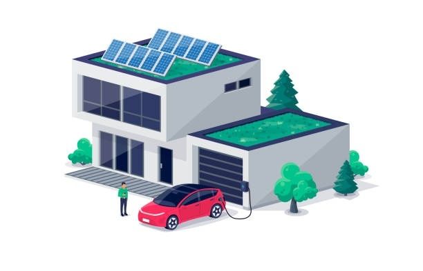 Modernes Haus mit Solaranlage und Elektroauto an einer Wallbox