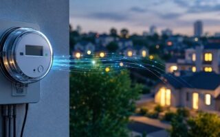Digitaler Stromzähler an einer Hauswand mit leuchtenden Datenlinien