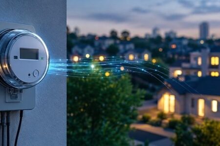 Digitaler Stromzähler an einer Hauswand mit leuchtenden Datenlinien