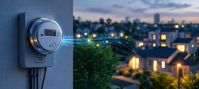 Digitaler Stromzähler an einer Hauswand mit leuchtenden Datenlinien